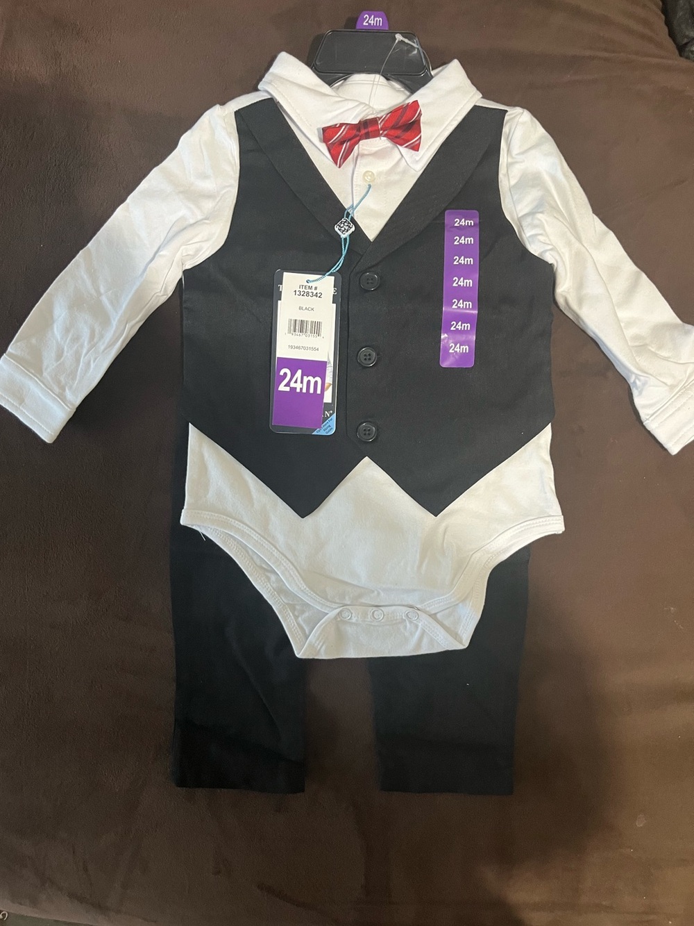 Andy & Evan Black Vest Set with Red Plaid Bow Tie